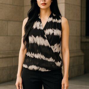 P Luca Milano Women's S Black & White Grecian Drapey Halter-Look Blouse